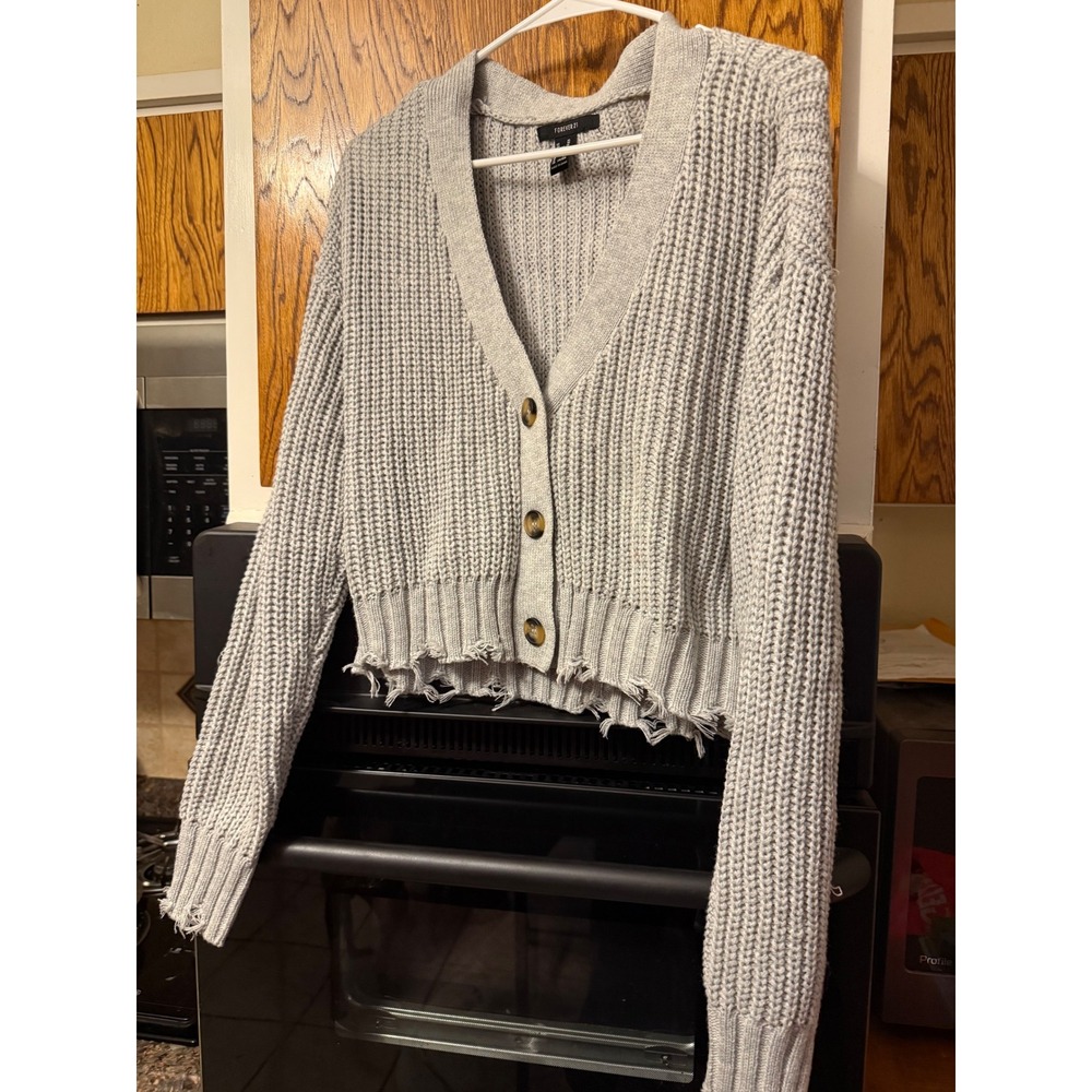 Forever 21 Gray Waffle Knit Distressed Cropped‎ Cardigan Sweater XL